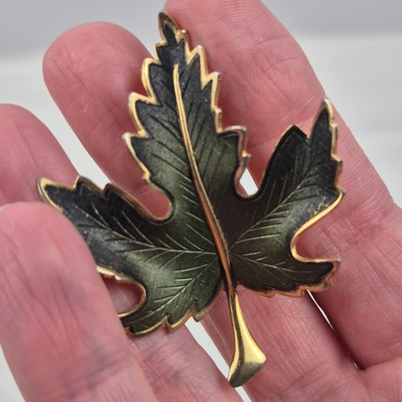 Vtg Enamel Leaf Brooch Lot Green Gold Tone Maple Oak Pins Fall Nature Jewelry - Picture 9 of 9